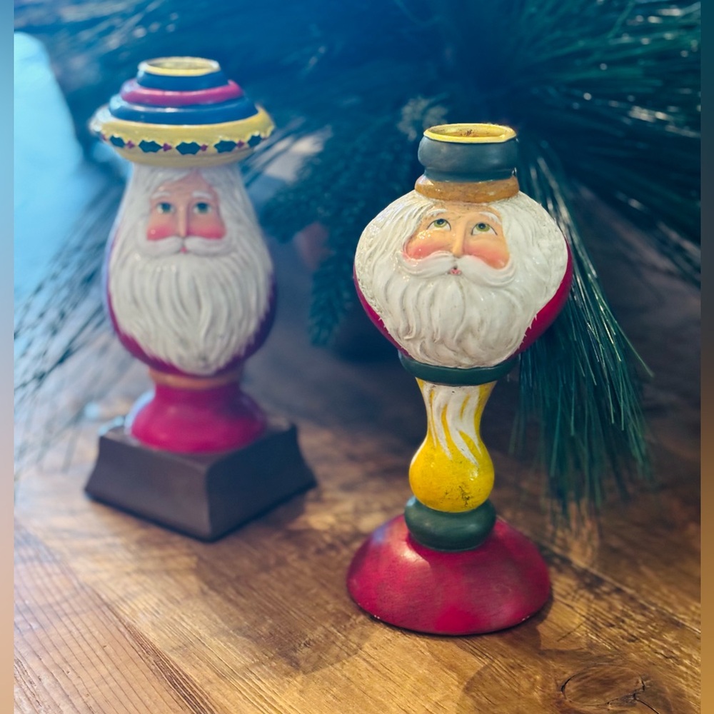 Santa Claus Wooden Folk Art Candle Holders. Vintage | 7” | Unique | Primitive